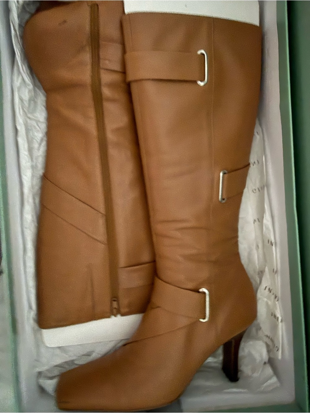 Women’s Gianni Bini Size 7.5 Tall Camel Brown Leather Boots with Buckle Detail